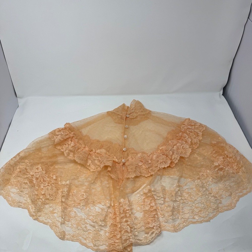 Vintage Peach Lace Capelet Sheer Mesh Victorian Ruffle High Neck Pearl Button 9 - Picture 2 of 8